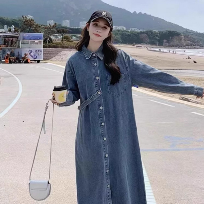 2025 가을 빈티지 워시드 데님 셔츠 원피스 루즈핏 슬림라인으로 완성하는 레트로 무드 슬림핏 데님 롱원피스 일찍 입는 가을패션