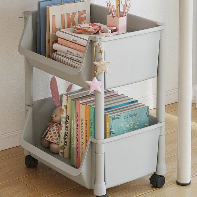 votgl 간이 책상 밑 책꽂이 이동식 바퀴 달린 사무실 기숙사 책상 선반 바닥 책장 수납 카트, 그레이, 2단