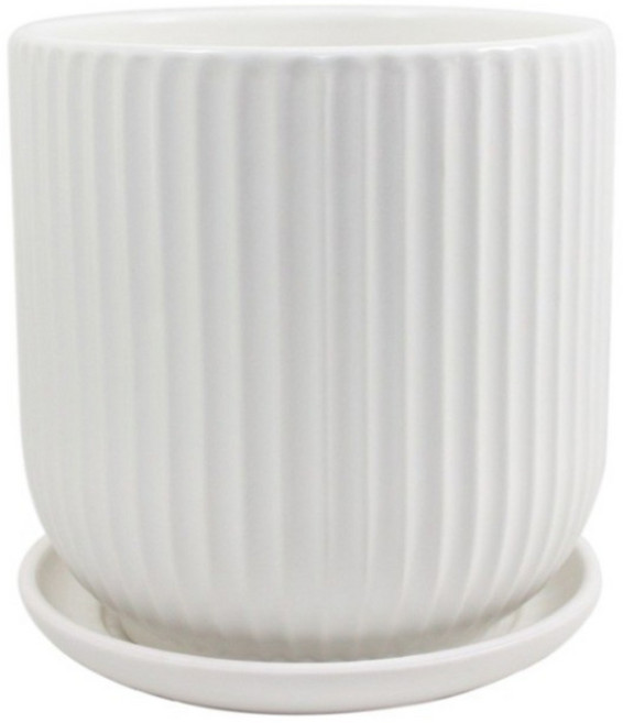 그린데이 원형 세로 플리츠 화분 - 무광 화이트 인테리어 디자인 도자기 화분, 1개