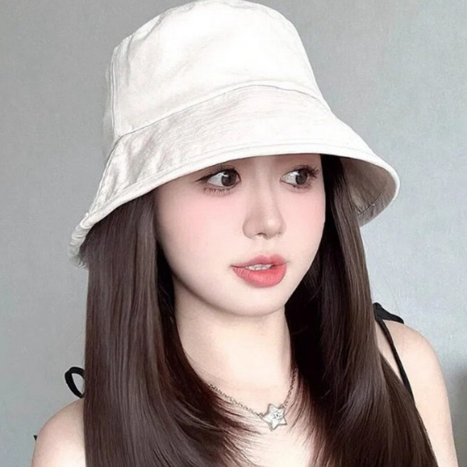 자외선차단 버킷햇 가발 / 얼굴이 작아 보이는 내추럴 일체형 롱 가발, 1개, 흰색