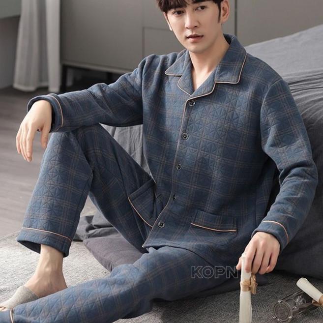 KOPN파자마 남성 겨울 순면 기모 두꺼운 클립 면 홈웨어 세트 라지 홈웨어 세트