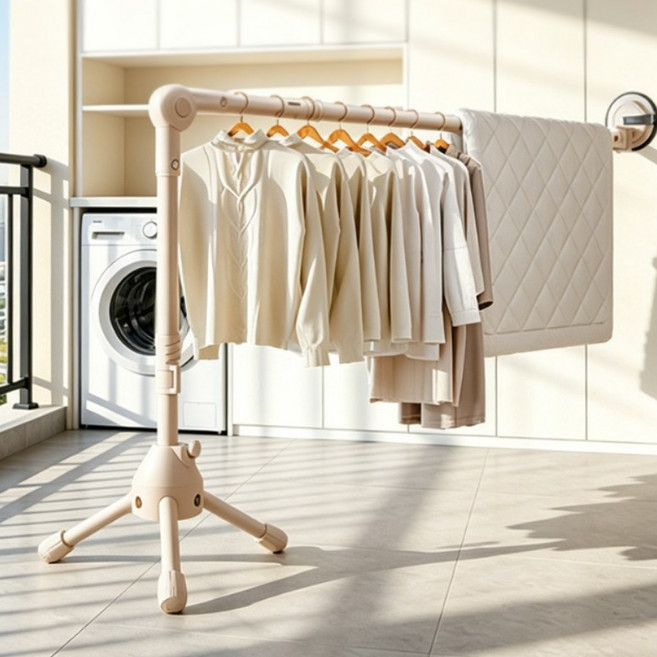 이동식 접이식 빨래건조대 대형 흡착 무타공 빨래건조대 이불건조대, 크림화이트