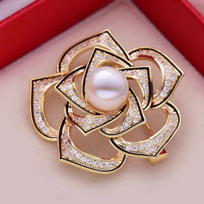 Ramlove 14K 브로치 여성 브로치 동백 벽돌석 진주 브로치 비즈니스 파티 여성 도금 브로치 HAR027