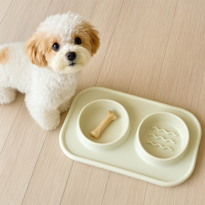 나띵베럴 실리콘 2구 슬로우식기 강아지 밥그릇, 1개, 베이지