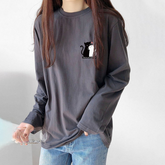 스타일아유 여성 긴팔 티 간절기 데일리룩을 위한 면 라운드 프린트 레터링 긴팔 티셔츠 TS2099