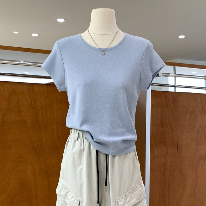 SONOVA 쏘노바 여성 라운드넥 베이직 슬림핏 스트라이프 봄 반팔 니트 티셔츠