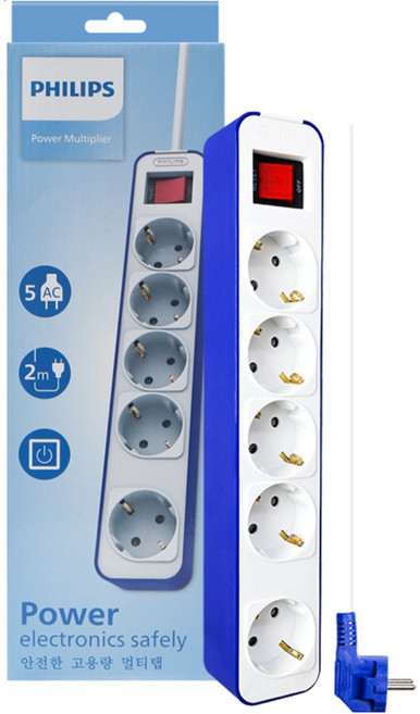 필립스 고용량멀티탭 4000W 컬러탭 5구 과부하차단, 필립스 디자인컬러탭 4000W 고용량멀티탭 과부하차단, 블루 CHP2155UA, 2m