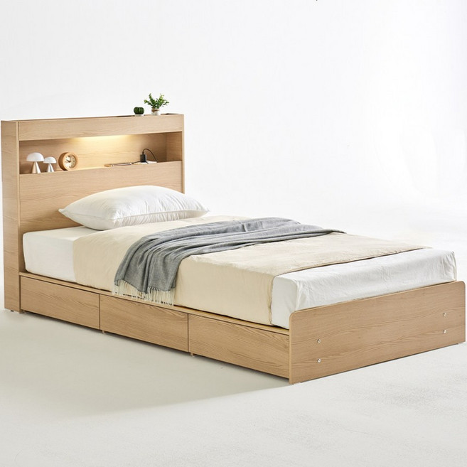 보루네오 루나Po LED 3서랍 수납 침대 슈퍼싱글 SS 양면 매트리스 세트, 라이트오크