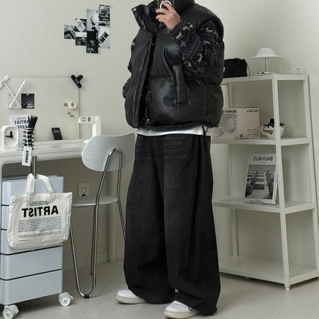 르위 오버핏 숏패딩 조끼 하이넥 스트링 겨울점퍼 빅사이즈 무광