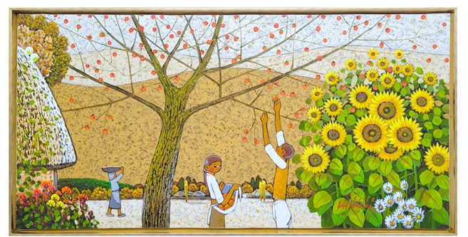 [인메이블] [진품] 감따는 연인 최현기 화백 유화 그림 가을 풍경화 풍수 액자 현관 벽 카페 거실 인테리어 소품 개업선물, PC_감따는 연인들 [94.7x48.8cm]
