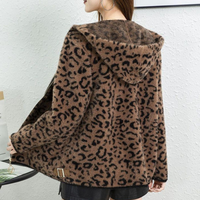 AOKADA 여성 가을 겨울 후드 집업 카라 2종 인조 밍크 레오파드 패딩 점퍼 아우터