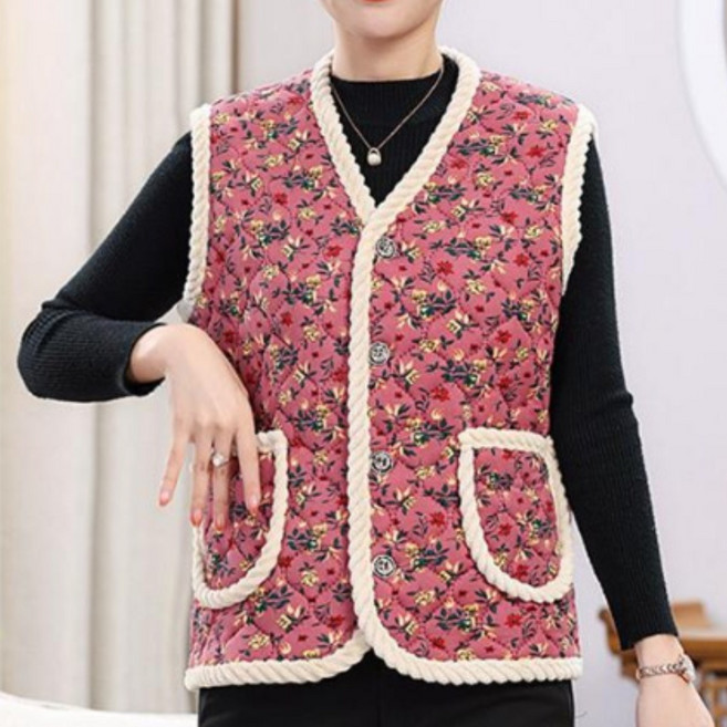 1+1 엘에이스 꽃무늬 누빔 양털 보온 조끼 2p