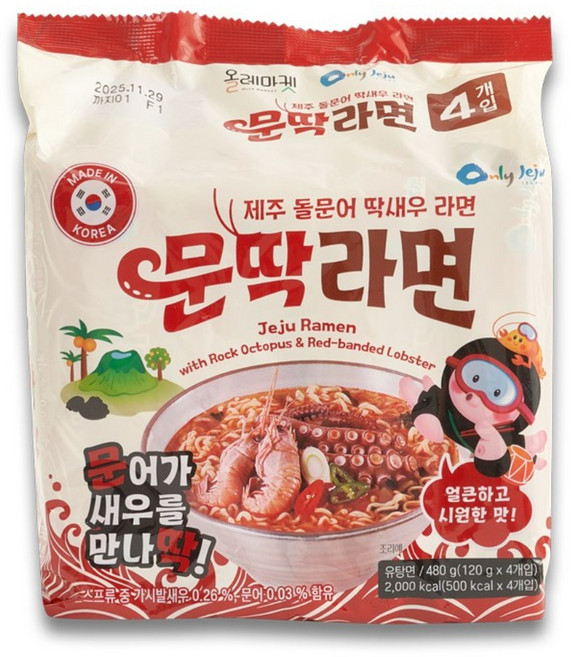 제주 돌문어와 딱새우를 담은 문딱라면 봉지면 120gX4개입 1팩