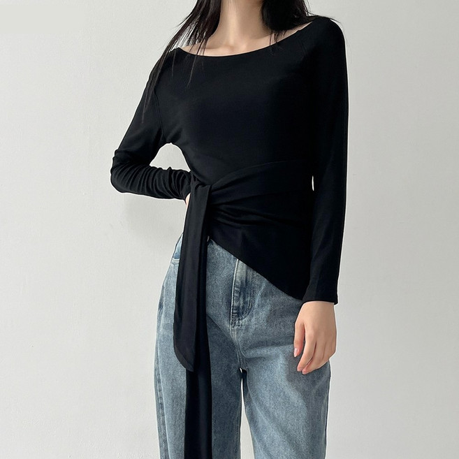 언발 개미허리 스트랩 텐셀 반유넥 긴팔 티