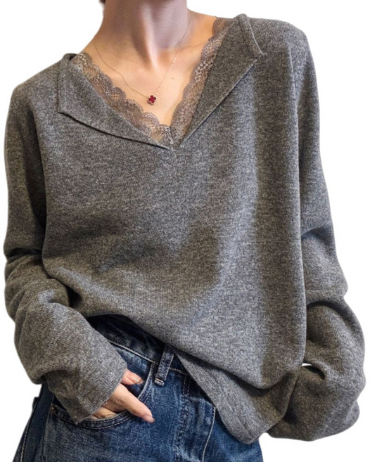 Makone 여성 브이넥 니트 레이스 패치 후리스 이너 캐주얼 티셔츠