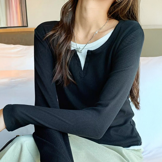 르보에 여성 슬림 레이어드핏 골지 긴팔 티셔츠