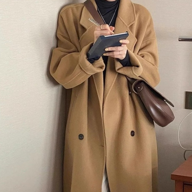 고급스러운 세미 루즈핏 모직 트렌치코트