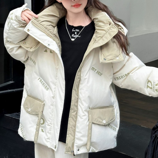 큐엘아리아 여아 리본R 초등생 경량 패딩 초중생 화이트 덕다운 후드 점퍼 코트