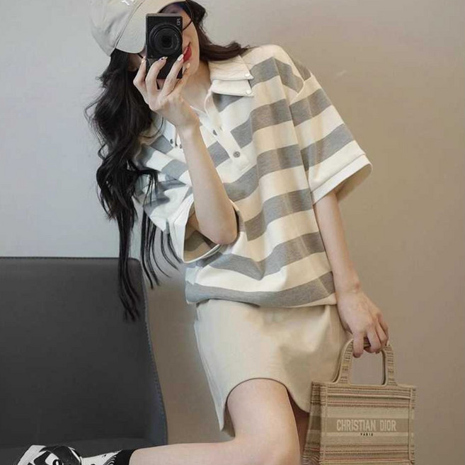 하이하 카라 스트라이프 반팔티 오버핏