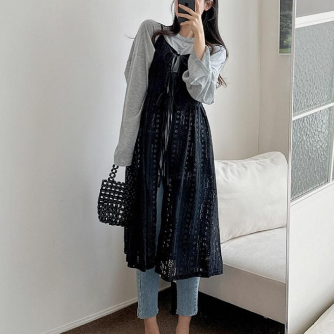 요시아나 [당일발송] 샤를린 레이어드 레이스 망사 끈나시 리본 원피스 2컬러