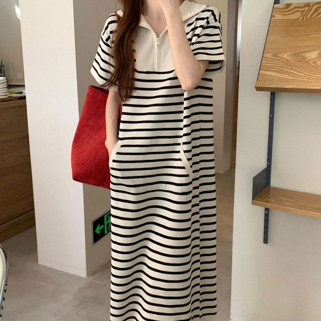 SOSISI 여성 롱원피스 봄여름 캐주얼 스트라이프 카라넥 반팔원피스 41100