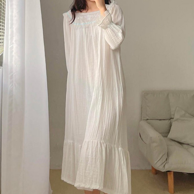릴리 레이스 자수 면 롱 원피스 공주 잠옷 드레스 홈웨어 파자마