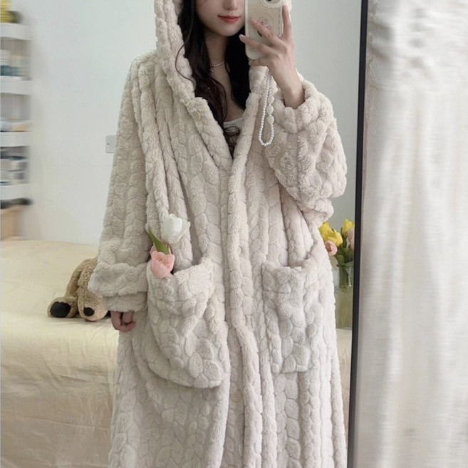 YOPENCE 극세사 후드 수면가운 겨울 롱 원피스 로브 잠옷