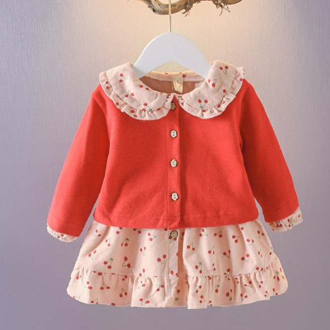 뽀뽀뽀 아동복 여아 체리원피스 가디건 2종 세트 유아 아가 키즈 아동 봄 가을 옷 등원룩 등원복 자매룩