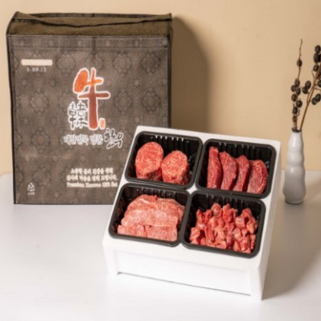 안동한우 1++갈비살 1++부채살 1+채끝등심 1+안심 4종 각300g 인기선물세트, 1개