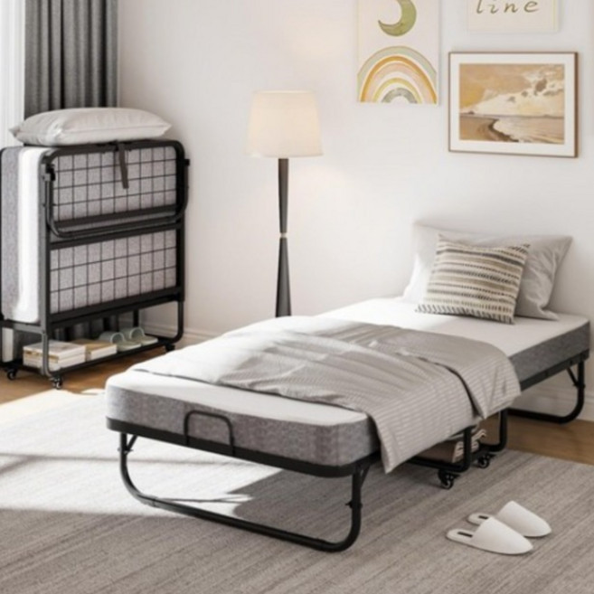 하루꿈 2단 접이식 침대 1인용 편한 싱글 침대 낮잠용 휴대용 다용도 매트리스 포함 침대