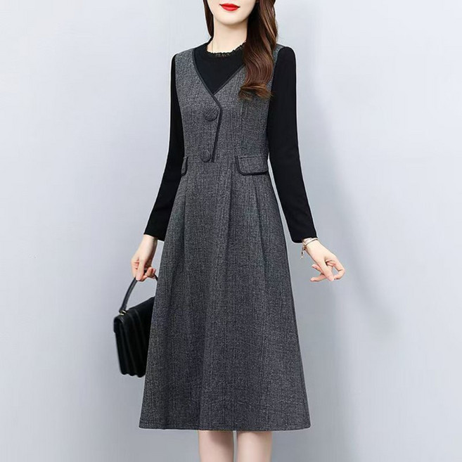 삼제태전 가을 겨울 중년 여성용 긴팔 원피스 캐주얼 패션 그레이 중간 길이 드레스