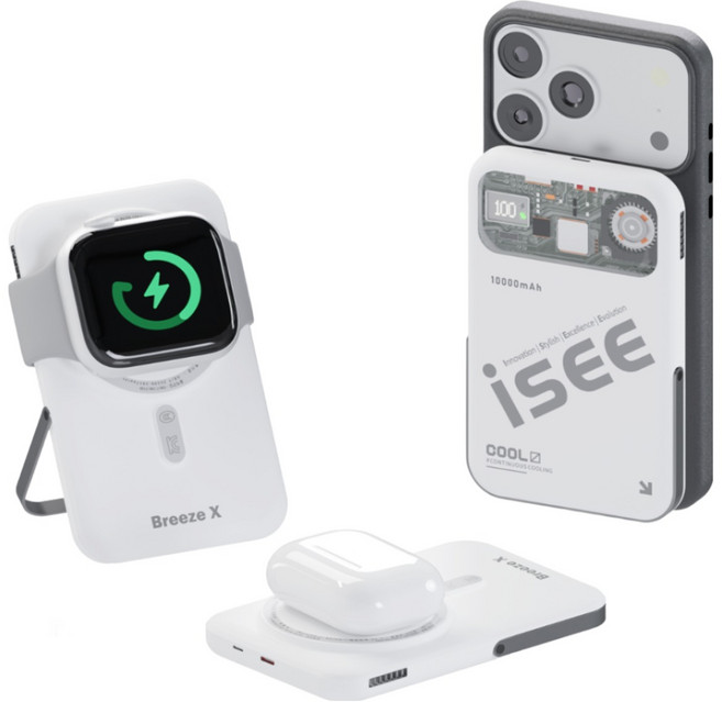 아이시(isee) 맥세이프 준고체 CCC 인증 3in1 대용량 10000mAh 쿨링 거치대 보조배터리 브리즈X (터보 냉각팬/무선고속충전/애플워치/갤럭시 워치 호환), 화이트, 애플워치