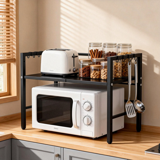 길이조절 높이조절 전자레인지 선반 대용량 수납 사무실 정리, 1단, 블랙