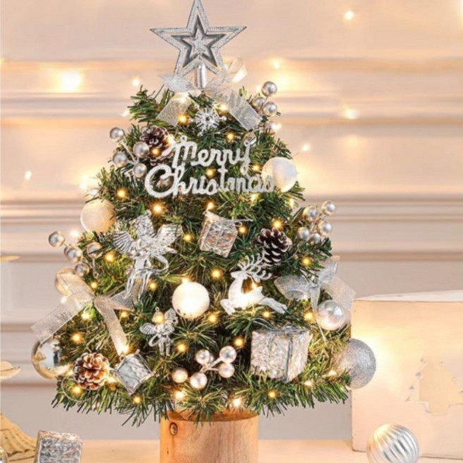 라이프웨이 고퀄 미니 크리스마스 트리 풀세트 LED 오너먼트 포함 풀세트 트리, 실버 + 화이트