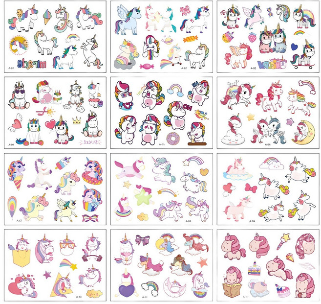 유니콘 유아 아동 타투 어린이 판박이 야광 스티커 8타입, 1세트, A-12매