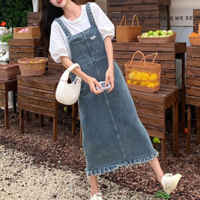 별후이 여성용 데일리 워싱 청원피스 캐주얼 뒷트임 멜빵 데님 롱원피스