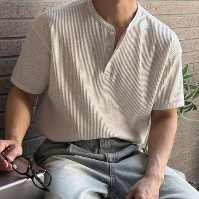 7위 - 남성용 머슬핏 헨리넥 골지 반팔 티셔츠