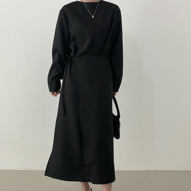 여성 봄 가을 라운드넥 긴팔 랩 롱원피스 하객룩 (랩 분리가능)