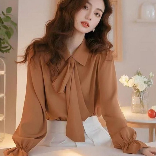 여성 스타일리쉬한 녹색 리본 오피스룩 긴팔 셔츠 블라우스