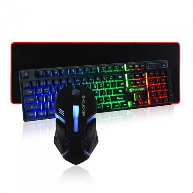 지클릭커 게이밍 키보드 마우스 GMK-180 With 장패드 파스텔톤 노트북 PC 맥 윈도우 호환, 인체공학, 블랙