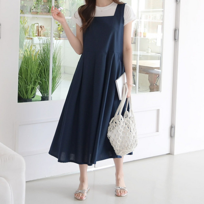 데일리앤 체다 여성용 스퀘어넥 플리츠 플레어 멜빵 린넨 롱 원피스