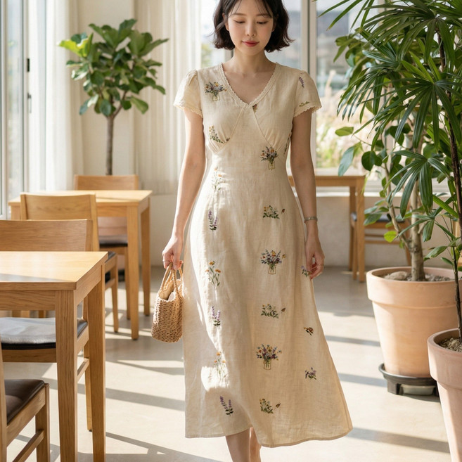 [청순/여신핏]여리핏 브이넥 플라워 린넨 자수 A라인 롱원피스 퍼프소매 개미허리 체형보정 봄여름 하객룩
