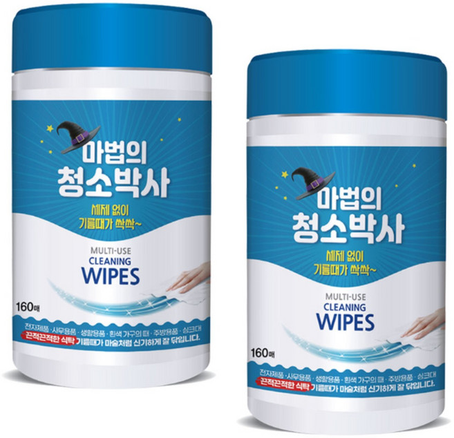 [유한그린텍] 마법의 청소박사 160매 2통 주방 기름때 찌든때 제거 다목적 세정티슈 청소용 물티슈, 2개, 30g