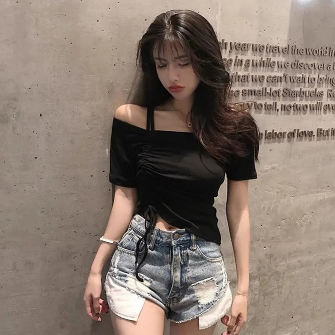 셀리즈로 오프숄더 스트링 반팔 주름 레깅스 티셔츠