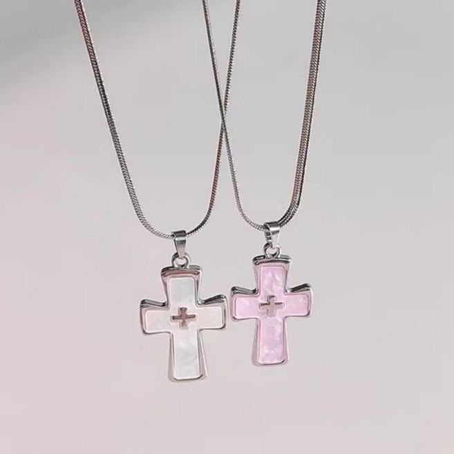 더채움 사계절 이쁜 럭셔리 프리미엄 십자가목걸이 크리스찬 선물 흰색+핑크 세트