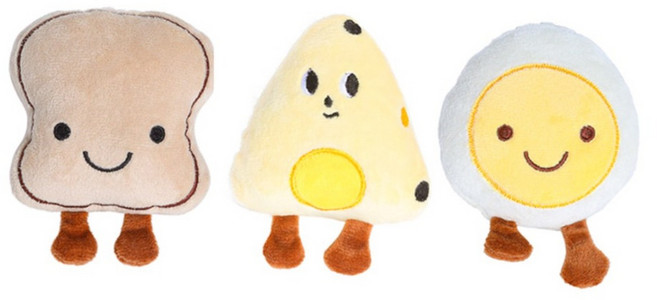 딩동펫 강아지 스마일 푸드 삑삑이 장난감 3종 세트, 화이트 계란, 옐로우 주먹밥, 베이지 식빵, 1세트