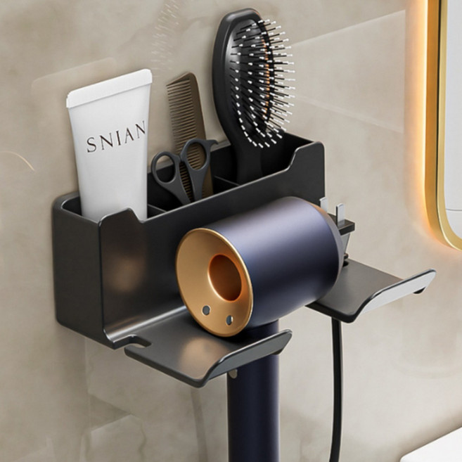 다모브 무타공 욕실 수납형 드라이기 거치대 걸이 강력고정, 그레이, 1개