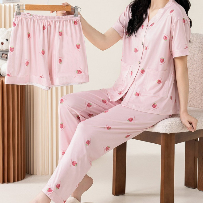 여성 홈웨어 딸기 프린트 브이넥 반팔 반바지 롱바지 3종 세트