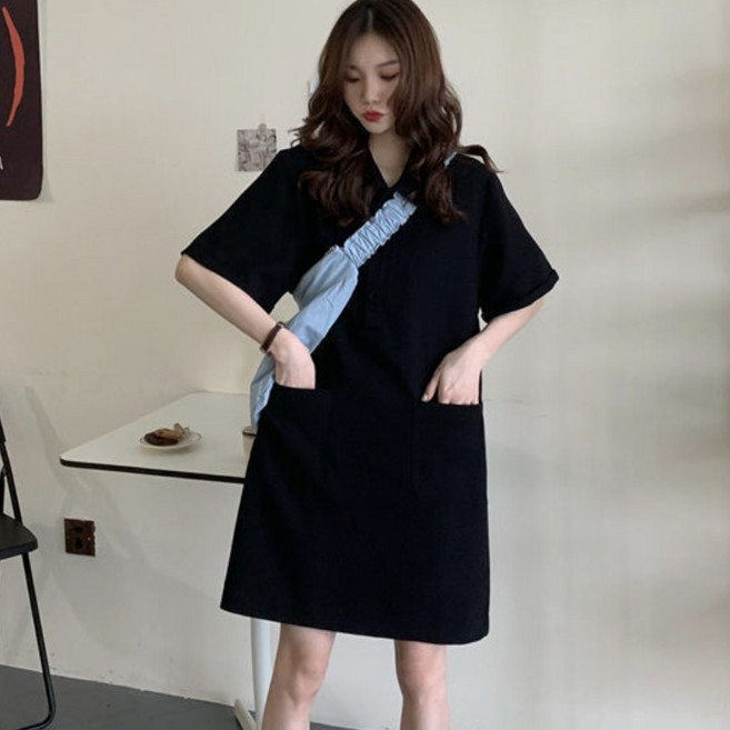 (대박난) 150kg까지 빅사이즈 여성 카라 버튼 반팔 미디 원피스 여름 편한 심플 베이직 캐쥬얼 루즈핏 일자핏 모던 데일리 시원한 박스 주머니있는 3xl 4xl 외출용 원피스