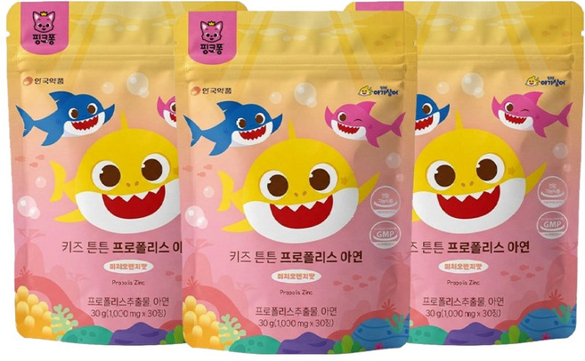 안국약품 아기상어 키즈 튼튼 프로폴리스 아연 면역력, 3개, 30정